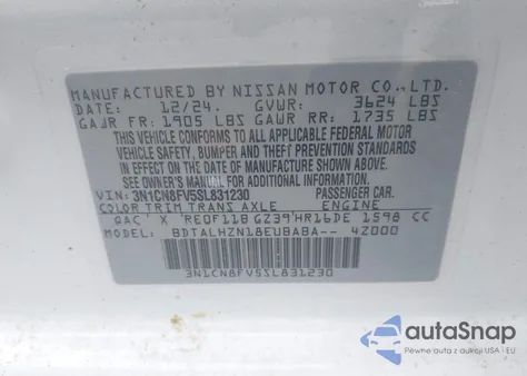 2025 Nissan Versa 1.6 Sr from USA, damaged, VIN 3N1CN8FV5SL831230